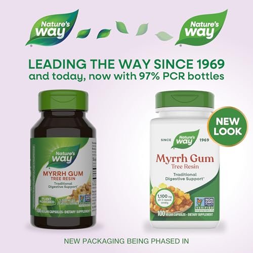 Nature's Way Myrrhe-Gummi-Harz, traditionelle Verdauungsunterstützung*, 1,1 g pro 2-Kapsel-Portion, Non-GMO Project verifiziert, glutenfrei, 100 vegane Kapseln