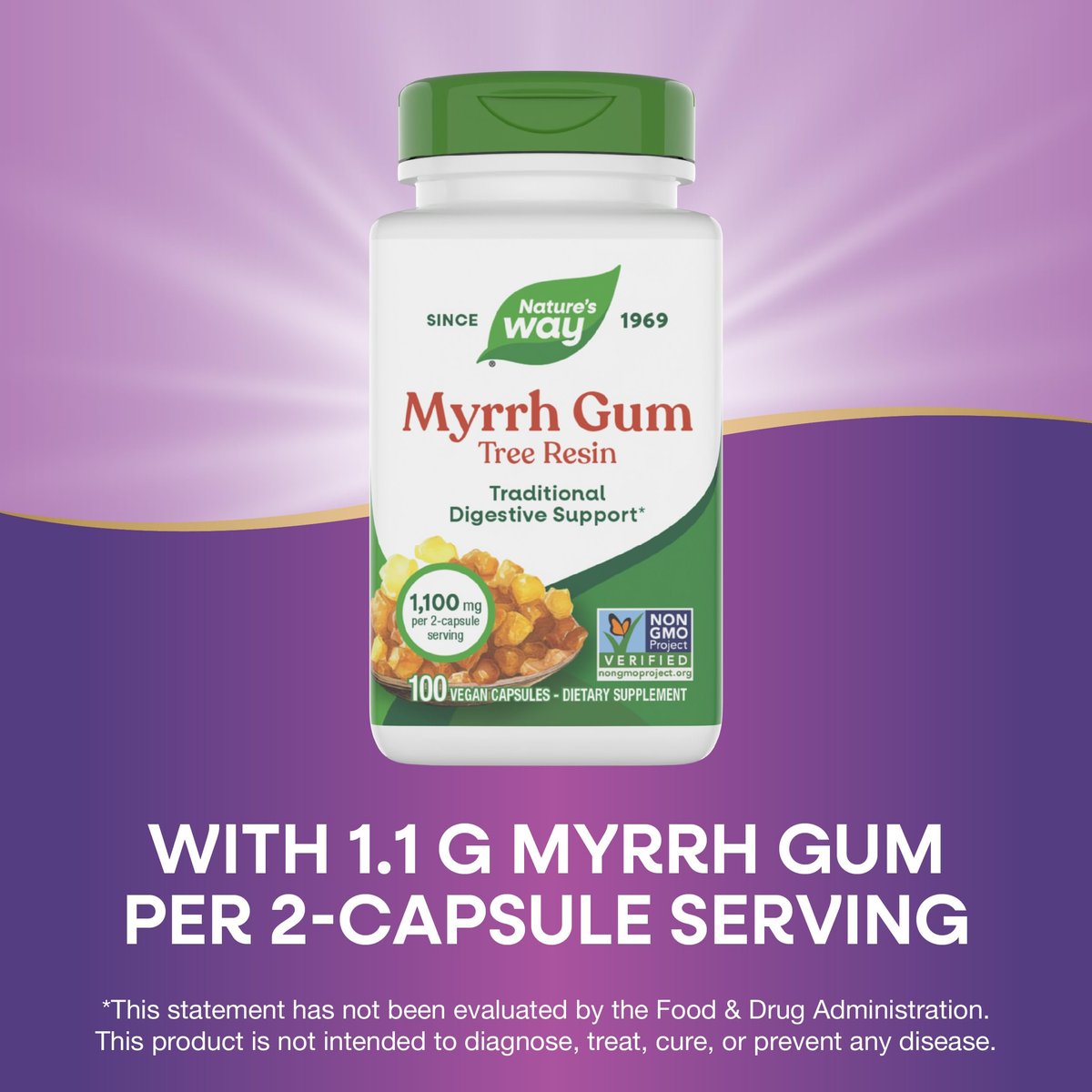 Nature's Way Myrrhe-Gummi-Harz, traditionelle Verdauungsunterstützung*, 1,1 g pro 2-Kapsel-Portion, Non-GMO Project verifiziert, glutenfrei, 100 vegane Kapseln