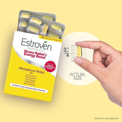 Estroven Stress Relief & Energy Boost für die Wechseljahre - 28 Kapseln - Klinisch geprüfte Inhaltsstoffe für Stress- und Energieunterstützung + Nacht- und Hitzewallungen - Arzneimittelfrei und glutenfrei