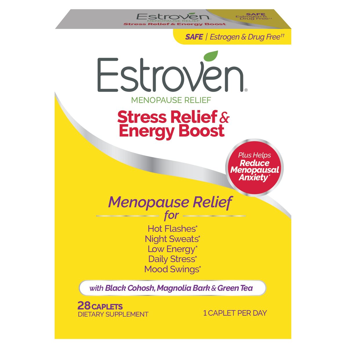 Estroven Stress Relief & Energy Boost für die Wechseljahre - 28 Kapseln - Klinisch geprüfte Inhaltsstoffe für Stress- und Energieunterstützung + Nacht- und Hitzewallungen - Arzneimittelfrei und glutenfrei