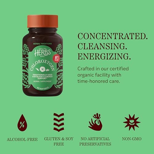 Herbs Etc. ChlorOxygen Chlorophyll Konzentrat Weichkapseln – Hochwirksames Chlorophyll für Entgiftung, Deodorisierung, Haut-, Darm- und Energieunterstützung – 60 Kapseln (60 Portionen)