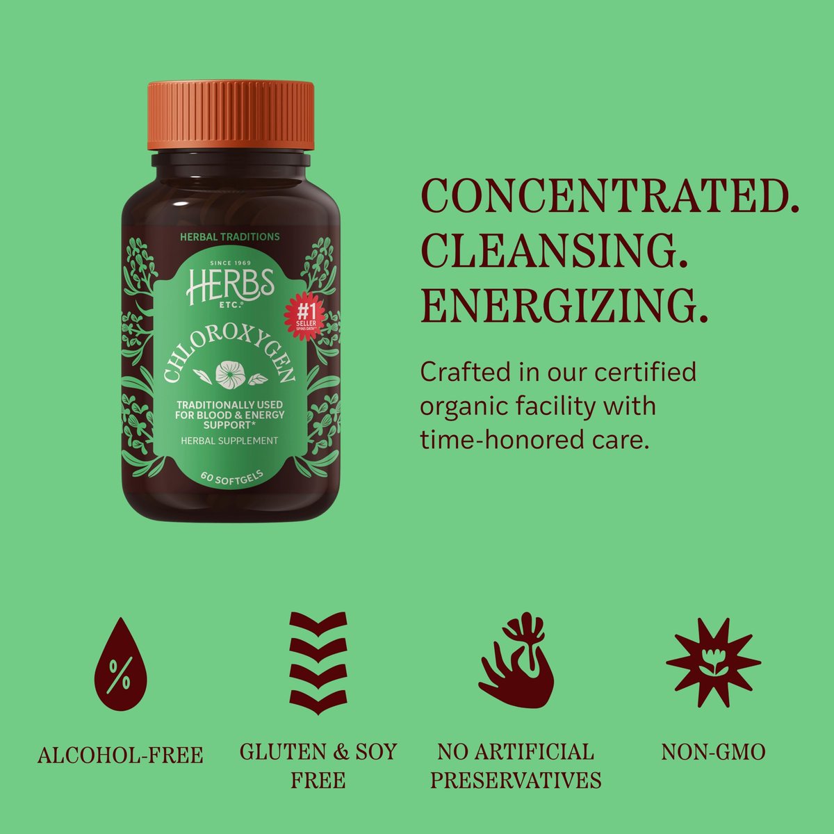 Herbs Etc. ChlorOxygen Chlorophyll Konzentrat Weichkapseln – Hochwirksames Chlorophyll für Entgiftung, Deodorisierung, Haut-, Darm- und Energieunterstützung – 60 Kapseln (60 Portionen)