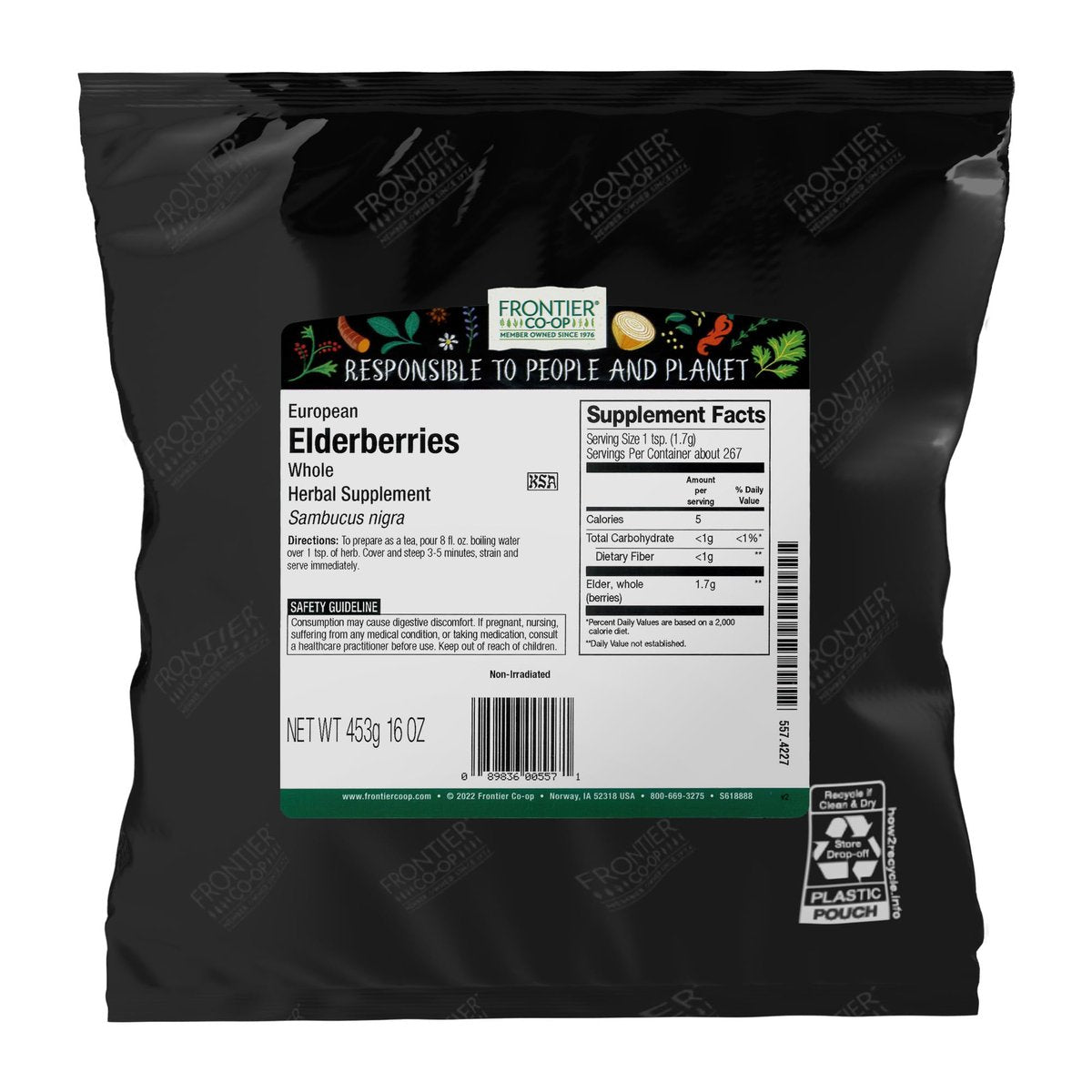 Frontier Co-op Getrocknete Holunderbeeren, Europäische Ganze - Non-GMO Holunderbeeren getrocknete Früchte für Pulver, Tee, Immununterstützung - Koscher | 16 Unzen (1er-Pack)