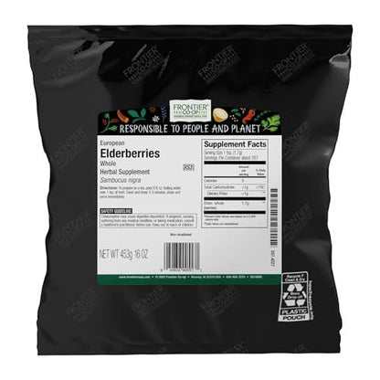 Frontier Co-op Getrocknete Holunderbeeren, Europäische Ganze - Non-GMO Holunderbeeren getrocknete Früchte für Pulver, Tee, Immununterstützung - Koscher | 16 Unzen (1er-Pack)