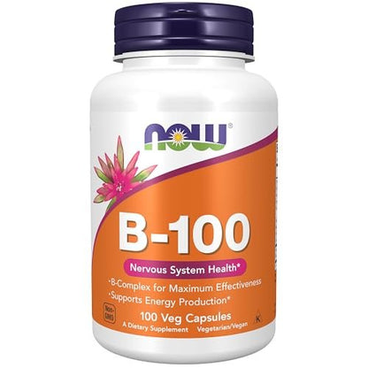 NOW Foods Vitamin B-100 Komplex – 100 vegane Kapseln für Energieproduktion und Nervensystemunterstützung