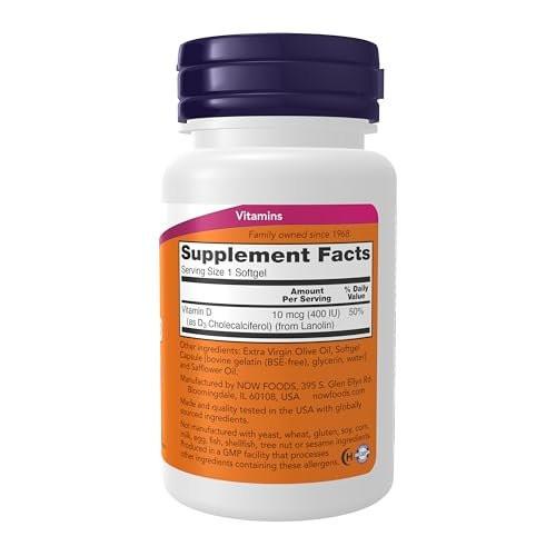 NOW Foods Vitamin D-3 400 IE – 180 Weichkapseln für starke Knochen & strukturelle Unterstützung