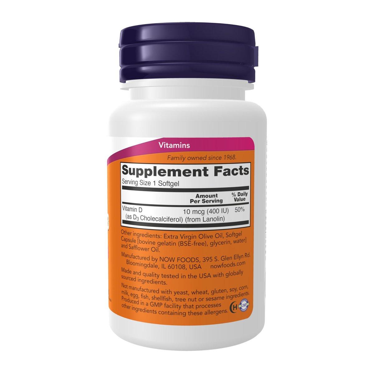 NOW Foods Vitamin D-3 400 IE – 180 Weichkapseln für starke Knochen & strukturelle Unterstützung