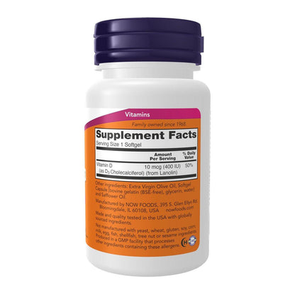 NOW Foods Vitamin D-3 400 IE – 180 Weichkapseln für starke Knochen & strukturelle Unterstützung