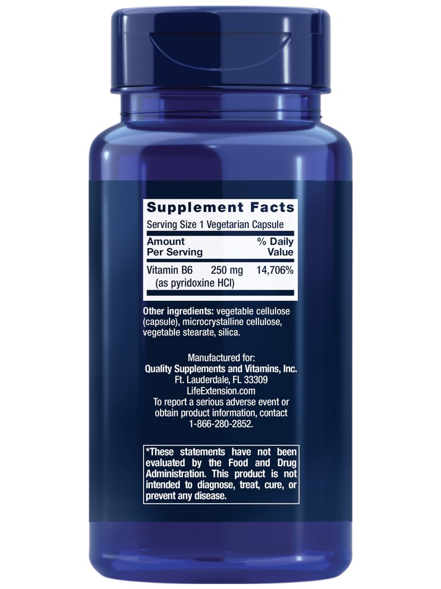 Life Extension Vitamin B6 250 mg – Hochdosiert für Herz, Nerven & Augen, 100 Kapseln