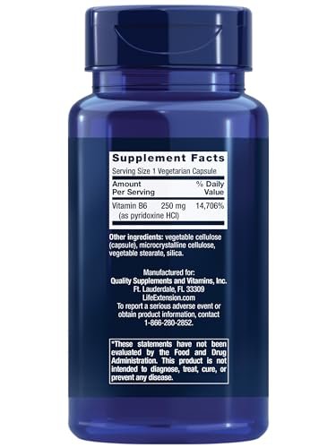 Life Extension Vitamin B6 250 mg – Hochdosiert für Herz, Nerven & Augen, 100 Kapseln