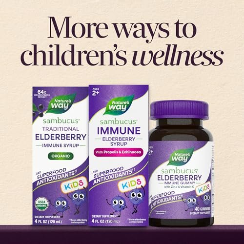 Nature's Way Sambucus Kids Immune Holunderbeeren-Sirup für Kinder, mit Echinacea & Propolis, traditionelle Immununterstützung, Beerengeschmack, 118 ml