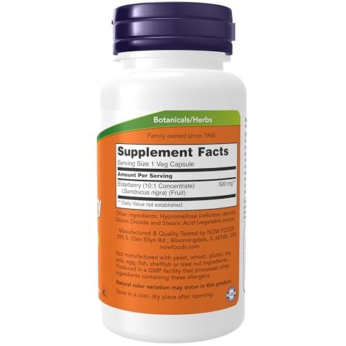NOW Foods Holunderbeere (Sambucus nigra) 500 mg, 10:1 Konzentrat, 60 vegane Kapseln