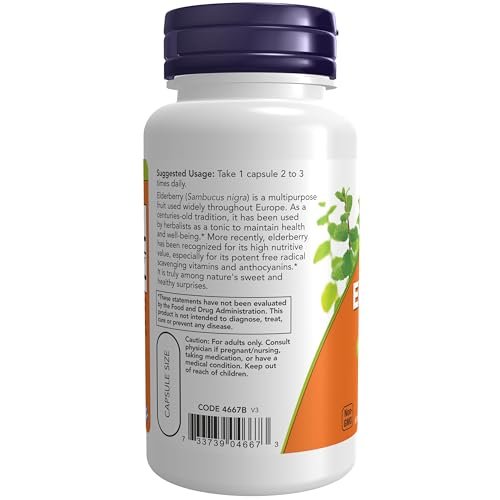 NOW Foods Holunderbeere (Sambucus nigra) 500 mg, 10:1 Konzentrat, 60 vegane Kapseln