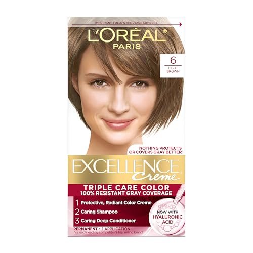 L'Oréal Paris Excellence Crème Permanent Haarfarbe, Triple Pflege mit Hyaluronsäure für 100% Grauabdeckung, 6 Hellbraun, 1 Kit (Verpackung kann variieren)