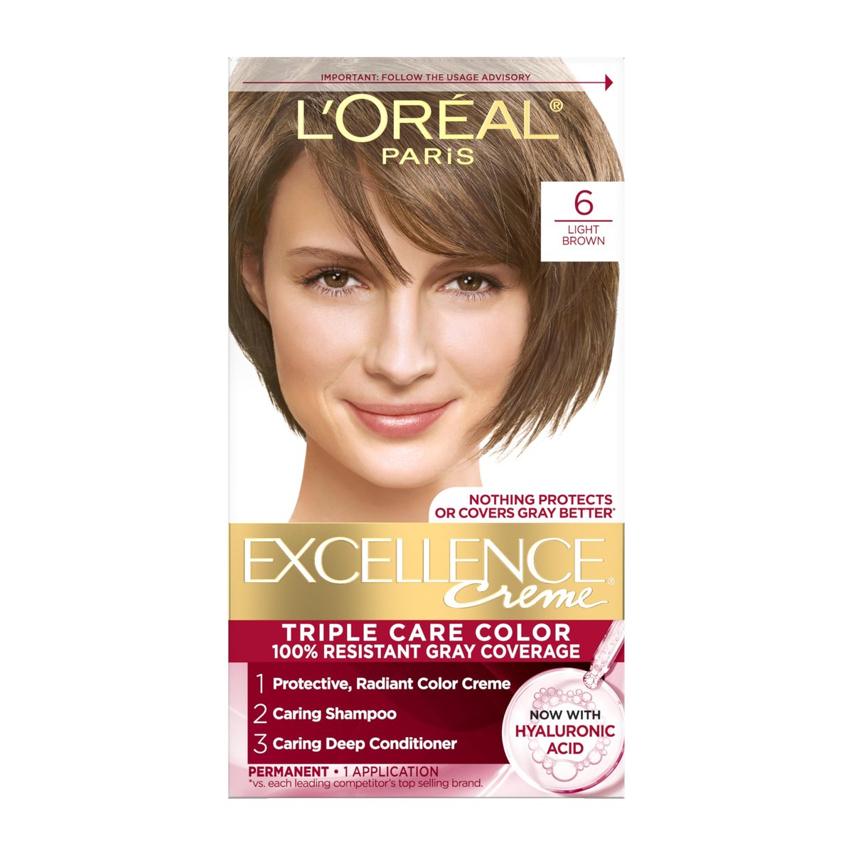 L'Oréal Paris Excellence Crème Permanent Haarfarbe, Triple Pflege mit Hyaluronsäure für 100% Grauabdeckung, 6 Hellbraun, 1 Kit (Verpackung kann variieren)