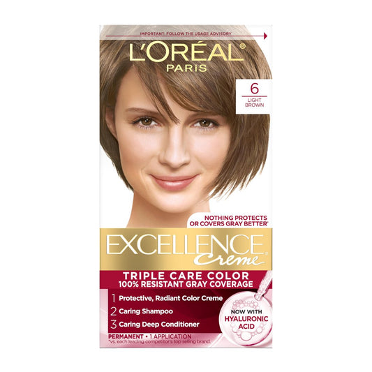 L'Oréal Paris Excellence Crème Permanent Haarfarbe, Triple Pflege mit Hyaluronsäure für 100% Grauabdeckung, 6 Hellbraun, 1 Kit (Verpackung kann variieren)