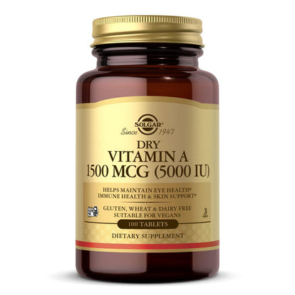 Solgar Trockenes Vitamin A 1500 mcg (5000 IE), 100 Tabletten - Unterstützt gesunde Augen, Haut & Immunsystem - Nicht-GVO, Vegan, Glutenfrei, Laktosefrei, Koscher - 100 Portionen