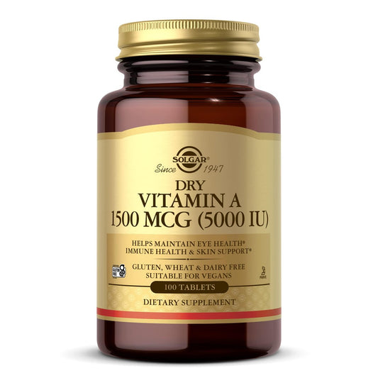 Solgar Trockenes Vitamin A 1500 mcg (5000 IE), 100 Tabletten - Unterstützt gesunde Augen, Haut & Immunsystem - Nicht-GVO, Vegan, Glutenfrei, Laktosefrei, Koscher - 100 Portionen