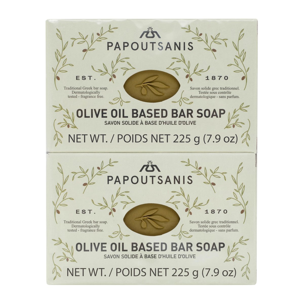 Papoutsanis Griechische Olivenöl-Seife - Naturreine, pflanzliche Kastilien-Seife - Unparfümiert - Hypoallergen - 4er-Pack à 7,9 oz