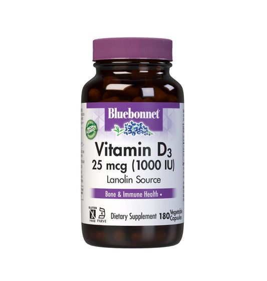 Bluebonnet Vitamin D3 1000 IU 25 mcg – Starke Knochen & Immununterstützung für Frauen & Männer* – Sojafrei, glutenfrei, nicht gentechnisch verändert, vegetarisch – Hoch absorbierbares Vitamin D – 180 vegane Kapseln