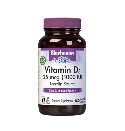Bluebonnet Vitamin D3 1000 IU 25 mcg – Starke Knochen & Immununterstützung für Frauen & Männer* – Sojafrei, glutenfrei, nicht gentechnisch verändert, vegetarisch – Hoch absorbierbares Vitamin D – 180 vegane Kapseln