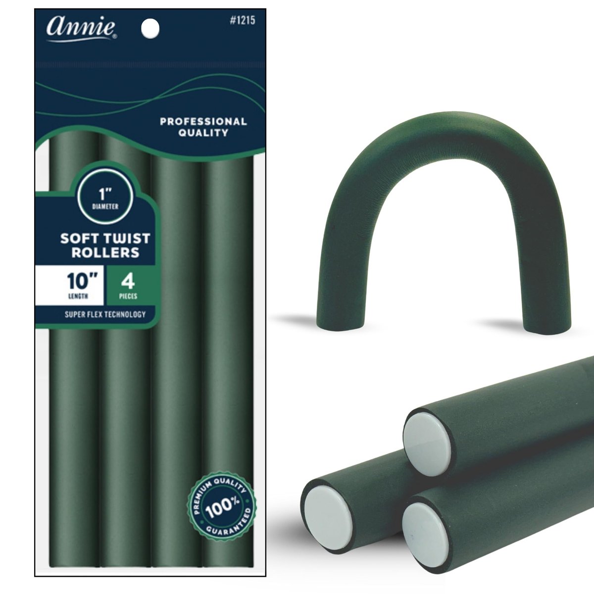 Annie Soft Twist Lock Schaumstoff-Haarrollen 2,5 cm Durchmesser: 4 flexible 25 cm hitzefreie Lockenwickler (Grün)