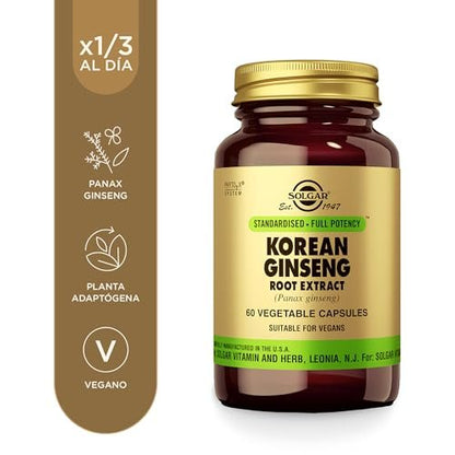 Solgar Koreanischer Ginseng-Wurzelextrakt, 60 vegane Kapseln – Immununterstützung – standardisiert, volle Wirksamkeit – nicht-GVO, vegan, glutenfrei, milchfrei, koscher – 60 Portionen