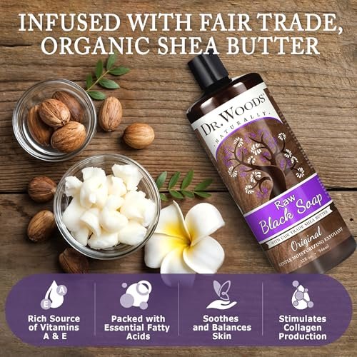 Dr. Woods Schwarze Rohseife flüssig mit Bio Sheabutter – 946 ml – Sanftes Peeling & natürliche Reinigung für Gesicht, Hände und Körper