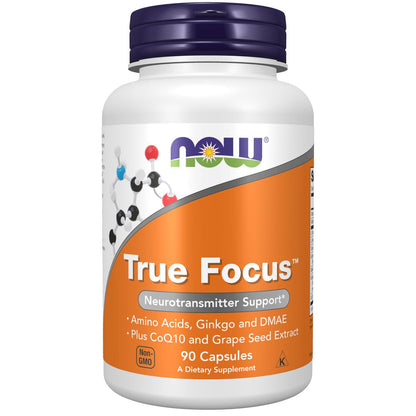 NOW Foods True Focus™ – Konzentrationshilfe mit Aminosäuren, Ginkgo, DMAE, CoQ10 und Traubenkernextrakt, 90 vegane Kapseln