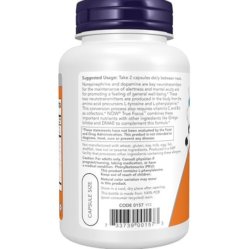 NOW Foods True Focus™ – Konzentrationshilfe mit Aminosäuren, Ginkgo, DMAE, CoQ10 und Traubenkernextrakt, 90 vegane Kapseln
