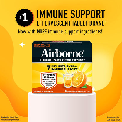 Airborne Immunsystem Unterstützung Brausetabletten, Zitrus-Orangen-Geschmack - 30 Stück mit 1000 mg Vitamin C + Vitamin A, D, E, Zink, Selen, Mangan & Kräutermischung - Zuckerfrei, Glutenfrei