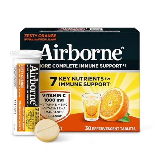 Airborne Immunsystem Unterstützung Brausetabletten, Zitrus-Orangen-Geschmack - 30 Stück mit 1000 mg Vitamin C + Vitamin A, D, E, Zink, Selen, Mangan & Kräutermischung - Zuckerfrei, Glutenfrei