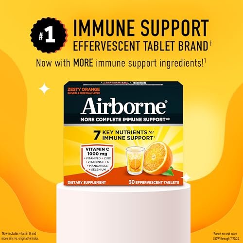 Airborne Immunsystem Unterstützung Brausetabletten, Zitrus-Orangen-Geschmack - 30 Stück mit 1000 mg Vitamin C + Vitamin A, D, E, Zink, Selen, Mangan & Kräutermischung - Zuckerfrei, Glutenfrei