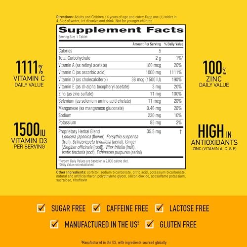 Airborne Immunsystem Unterstützung Brausetabletten, Zitrus-Orangen-Geschmack - 30 Stück mit 1000 mg Vitamin C + Vitamin A, D, E, Zink, Selen, Mangan & Kräutermischung - Zuckerfrei, Glutenfrei