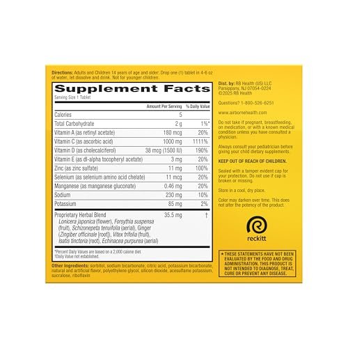 Airborne Immunsystem Unterstützung Brausetabletten, Zitrus-Orangen-Geschmack - 30 Stück mit 1000 mg Vitamin C + Vitamin A, D, E, Zink, Selen, Mangan & Kräutermischung - Zuckerfrei, Glutenfrei