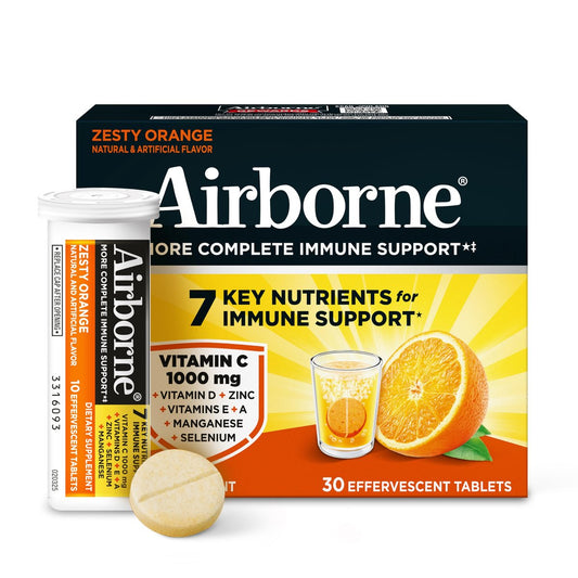 Airborne Immunsystem Unterstützung Brausetabletten, Zitrus-Orangen-Geschmack - 30 Stück mit 1000 mg Vitamin C + Vitamin A, D, E, Zink, Selen, Mangan & Kräutermischung - Zuckerfrei, Glutenfrei