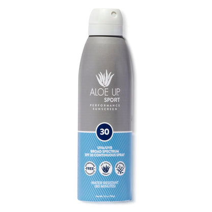 Aloe Up Sport Spray Sonnenschutz SPF 30 – Breitspektrum Sonnenblocker mit feuchtigkeitsspendendem Aloe Vera Gel – Schnell einziehend, kein weißer Film, riffsicher, wasserbeständig bis 80 Minuten, duftfrei – 177 ml