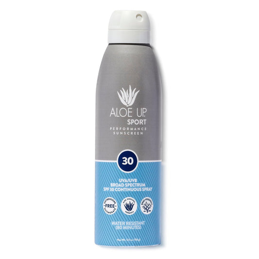 Aloe Up Sport Spray Sonnenschutz SPF 30 – Breitspektrum Sonnenblocker mit feuchtigkeitsspendendem Aloe Vera Gel – Schnell einziehend, kein weißer Film, riffsicher, wasserbeständig bis 80 Minuten, duftfrei – 177 ml