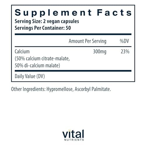 Vital Nutrients Calcium (Citrat/Malat) – Hoch bioverfügbares Calcium – 100 vegane Kapseln – 150 mg