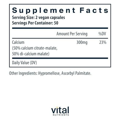 Vital Nutrients Calcium (Citrat/Malat) – Hoch bioverfügbares Calcium – 100 vegane Kapseln – 150 mg