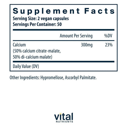 Vital Nutrients Calcium (Citrat/Malat) – Hoch bioverfügbares Calcium – 100 vegane Kapseln – 150 mg