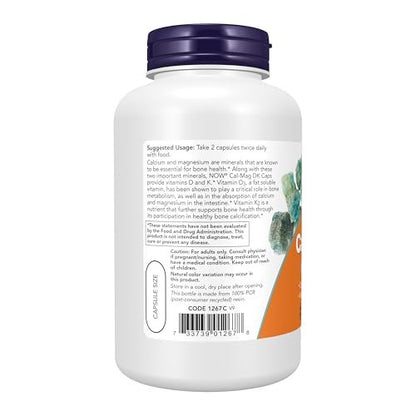 NOW Foods Cal-Mag DK mit Vitamin D-3 und Vitamin K-2, 180 Kapseln – Kalzium- und Magnesiumpräparat für starke Knochen*