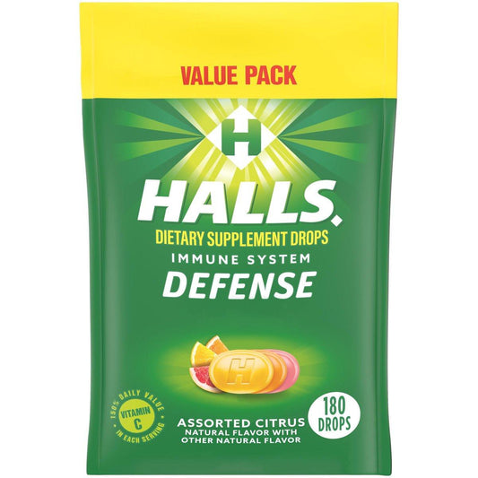 HALLS Defense Assorted Citrus Vitamin C Drops, 180er Pack – Immunstärkende Lutschbonbons mit Vitamin C