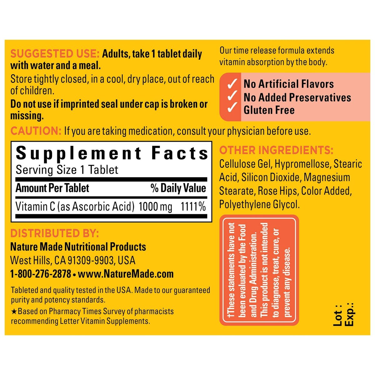 Nature Made Vitamin C 1000 mg Zeitfreisetzungstabletten mit Hagebutten, 60 Stück zur Unterstützung des Immunsystems