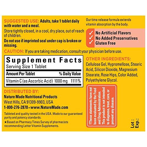 Nature Made Vitamin C 1000 mg Zeitfreisetzungstabletten mit Hagebutten, 60 Stück zur Unterstützung des Immunsystems