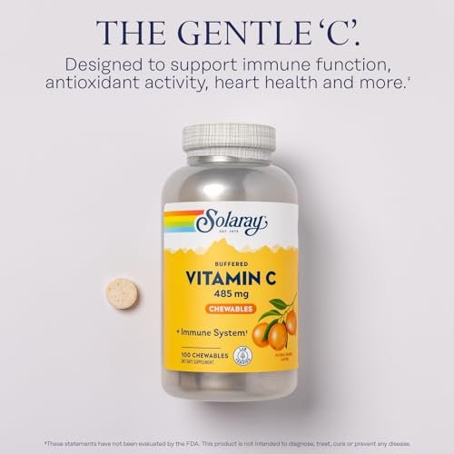 SOLARAY Kaubare Vitamin C mit Hagebutte und Acerola-Kirsche - Gepuffertes Vitamin C für sanfte Verdauung - Immununterstützung - Natürlicher Orangen-Geschmack, 60-Tage-Garantie, 100 Portionen, 100 Kautabletten