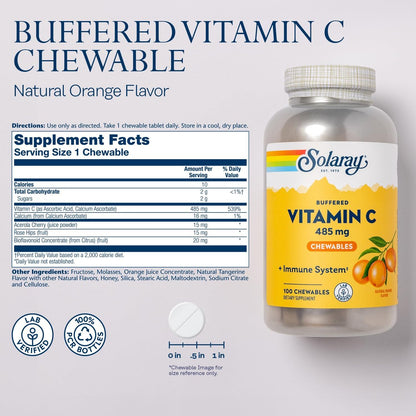 SOLARAY Kaubare Vitamin C mit Hagebutte und Acerola-Kirsche - Gepuffertes Vitamin C für sanfte Verdauung - Immununterstützung - Natürlicher Orangen-Geschmack, 60-Tage-Garantie, 100 Portionen, 100 Kautabletten