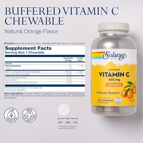 SOLARAY Kaubare Vitamin C mit Hagebutte und Acerola-Kirsche - Gepuffertes Vitamin C für sanfte Verdauung - Immununterstützung - Natürlicher Orangen-Geschmack, 60-Tage-Garantie, 100 Portionen, 100 Kautabletten