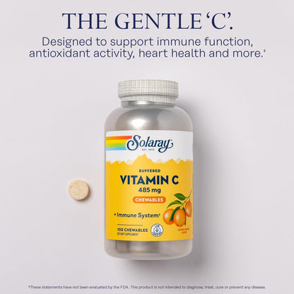 SOLARAY Kaubare Vitamin C mit Hagebutte und Acerola-Kirsche - Gepuffertes Vitamin C für sanfte Verdauung - Immununterstützung - Natürlicher Orangen-Geschmack, 60-Tage-Garantie, 100 Portionen, 100 Kautabletten