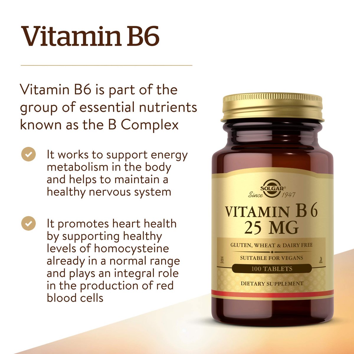 Solgar Vitamin B6 25 mg, 100 Tabletten – Unterstützt Energiestoffwechsel, Herzgesundheit und gesundes Nervensystem – B-Komplex-Ergänzung – Vegan, glutenfrei, laktosefrei, koscher – 100 Portionen